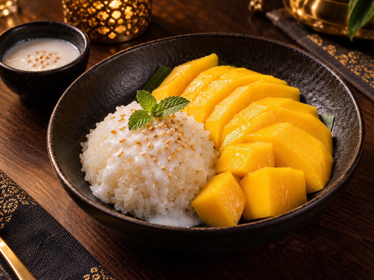 Mango sticky rice à la mangue fraîche et au riz gluant nappé de crème de coco