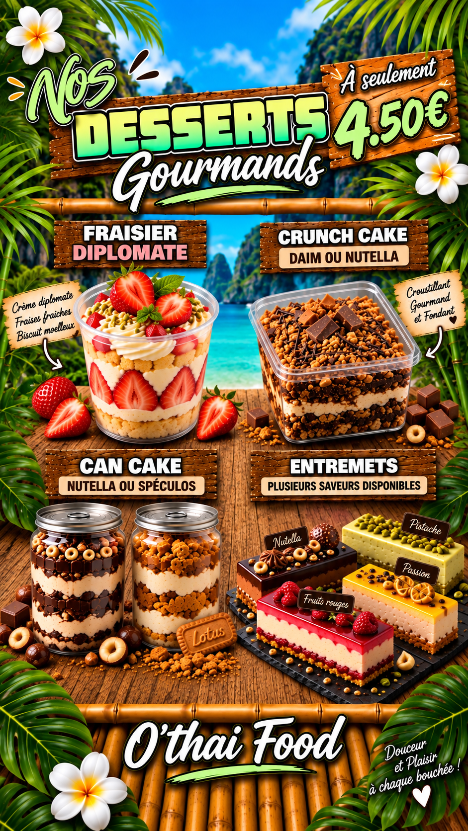 Affiche des desserts gourmands O’Thai Food : fraisier diplomate, Crunch Cake Daim ou Nutella, Can Cake Nutella ou spéculos et entremets en plusieurs saveurs