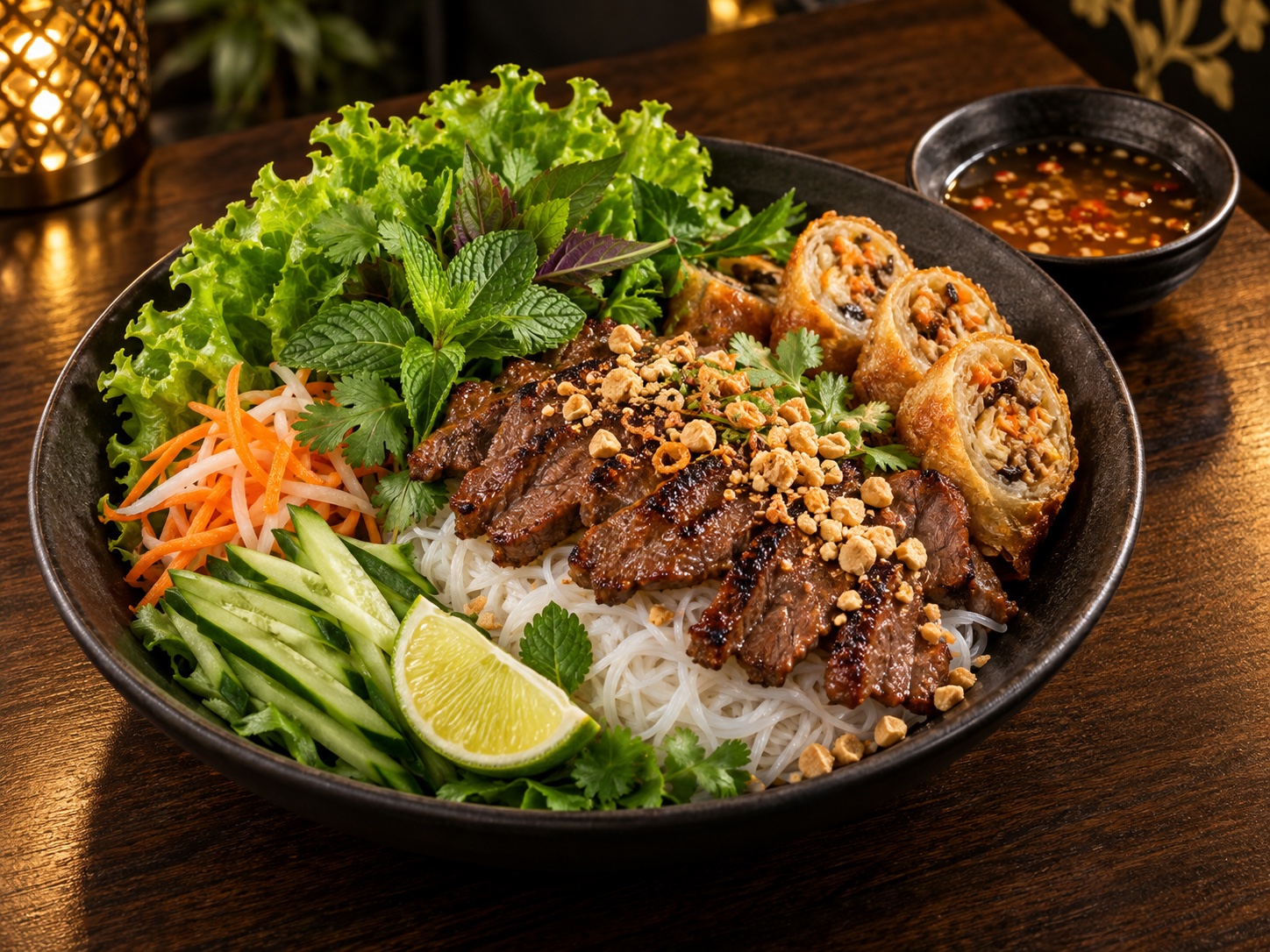 Bo bun au bœuf avec vermicelles, salade et nems
