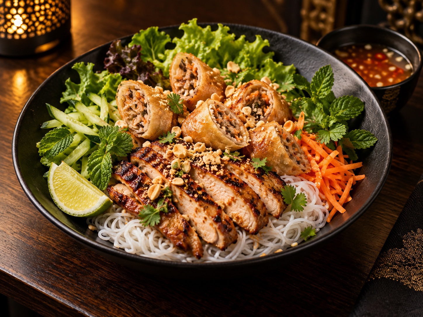 Bo bun au poulet avec vermicelles, salade et nems