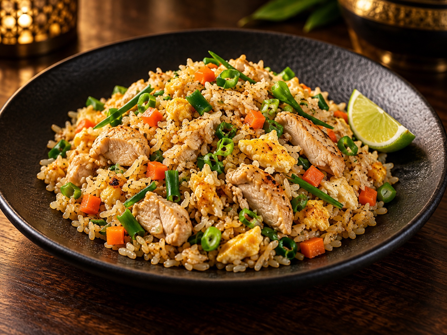 Khao pat, riz sauté au poulet et légumes