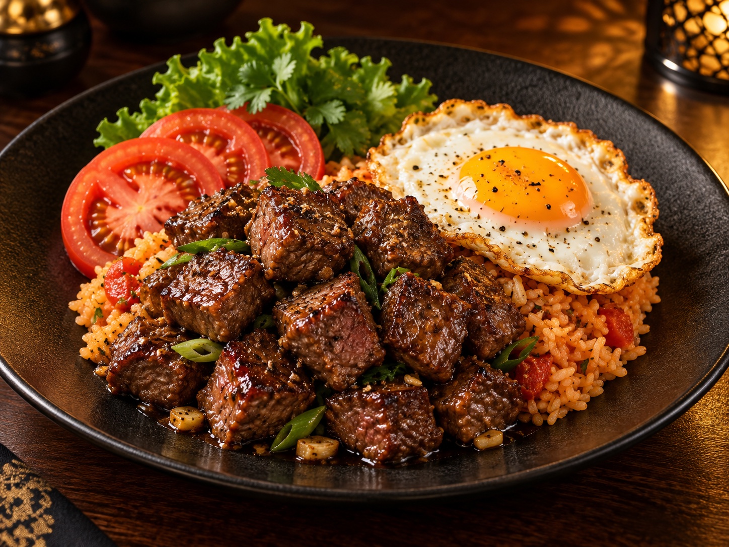 Bœuf loc lac servi avec riz et œuf au plat