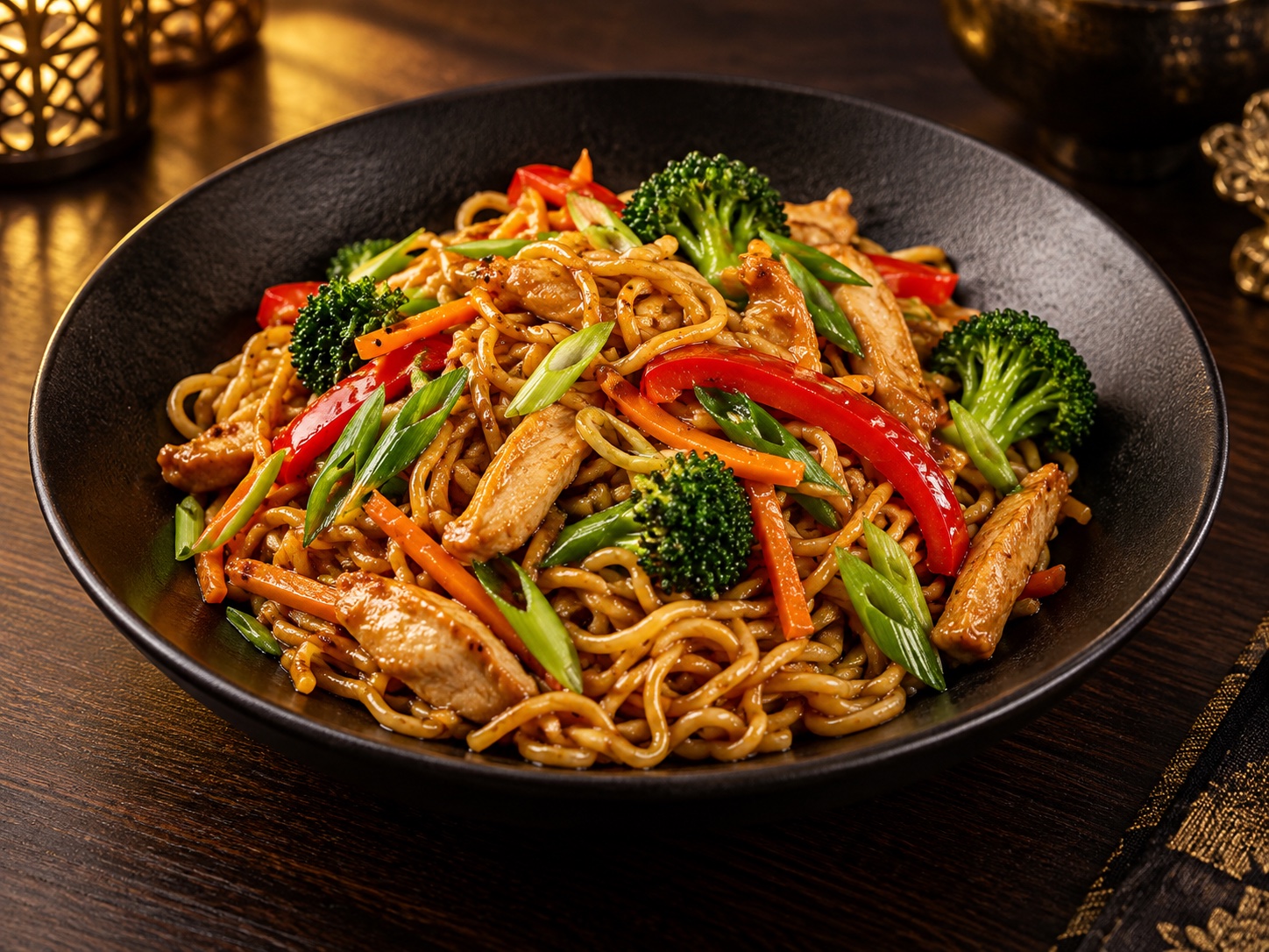 Nouilles sautées au poulet et légumes