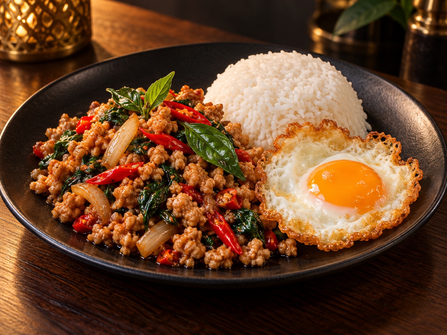 Pad kra pao au poulet sauté, riz et œuf au plat