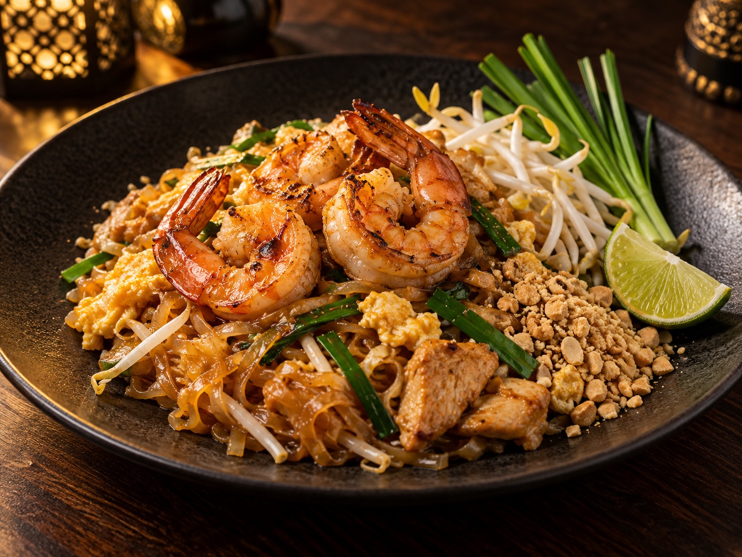 Pad thaï garni de crevettes, poulet et herbes fraîches