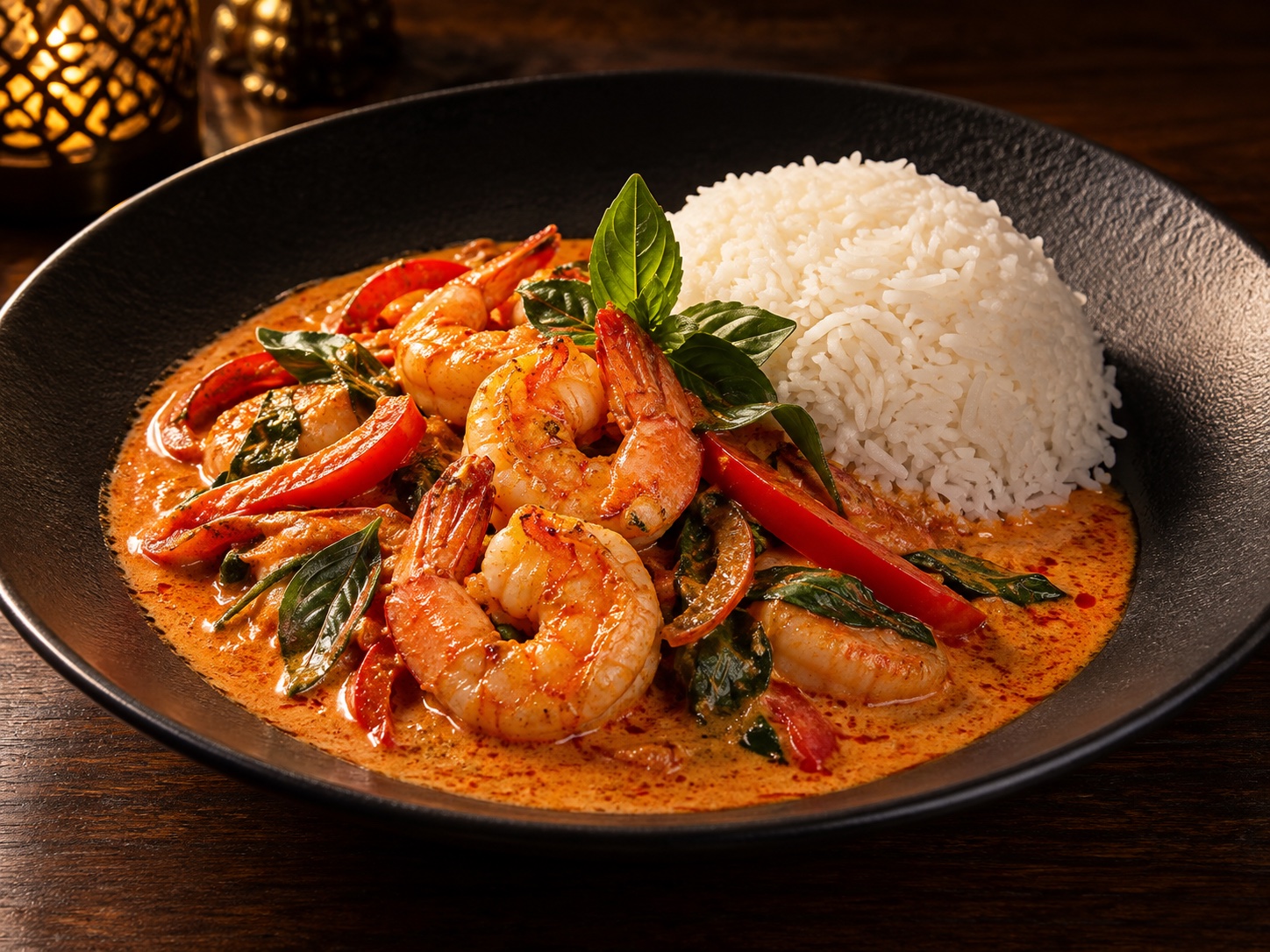 Curry panang aux crevettes, basilic et lait de coco