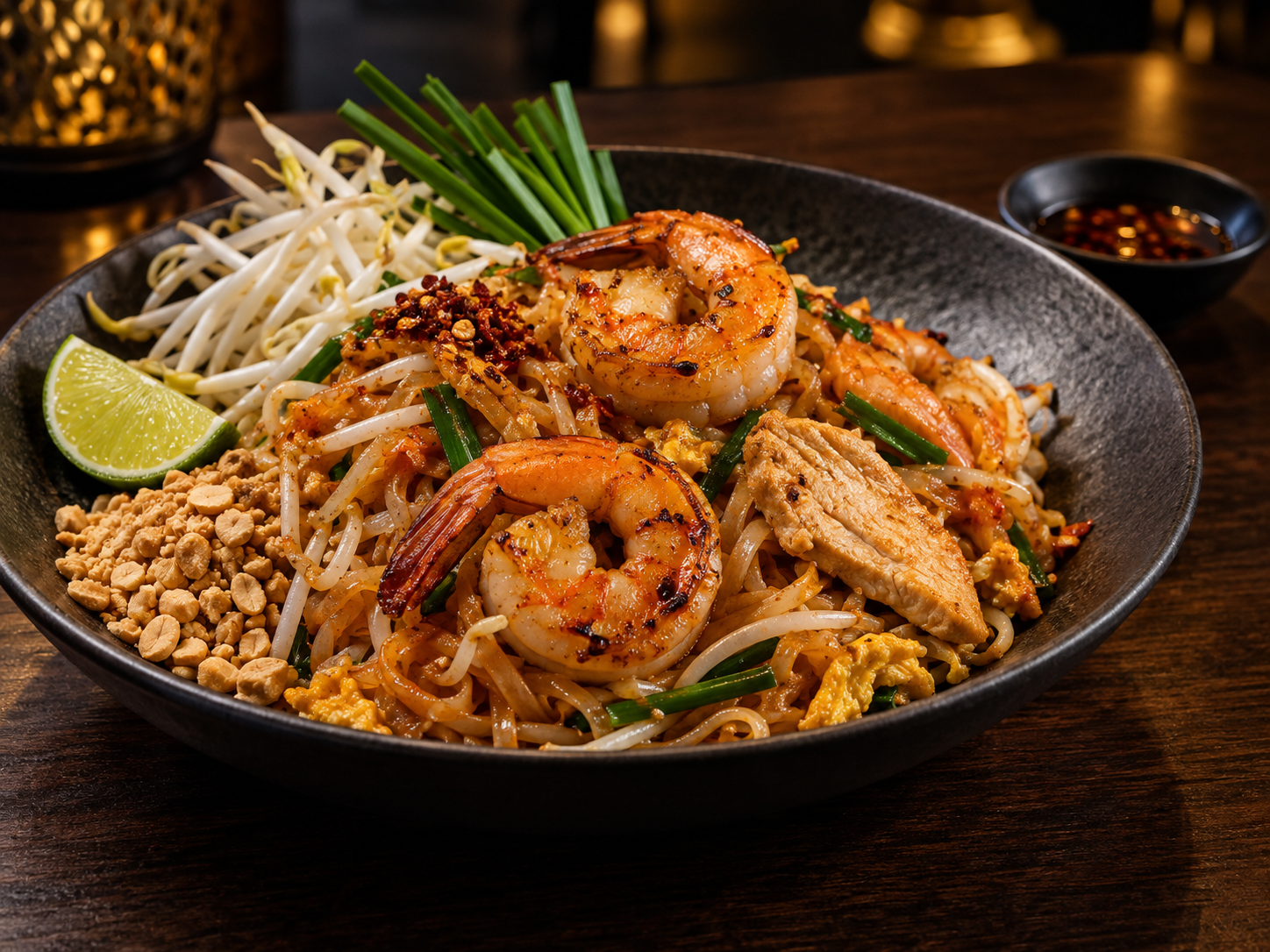 Assiette de Pad Thaï aux crevettes, poulet, nouilles de riz, cacahuètes et citron vert